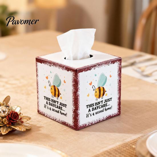 Durable Waterproof Tissue Container Iron Art Square Box, Bee And Bird Watercolor Print Farmhouse Style Paper Napkin Case Holder, Pastoral Decorative