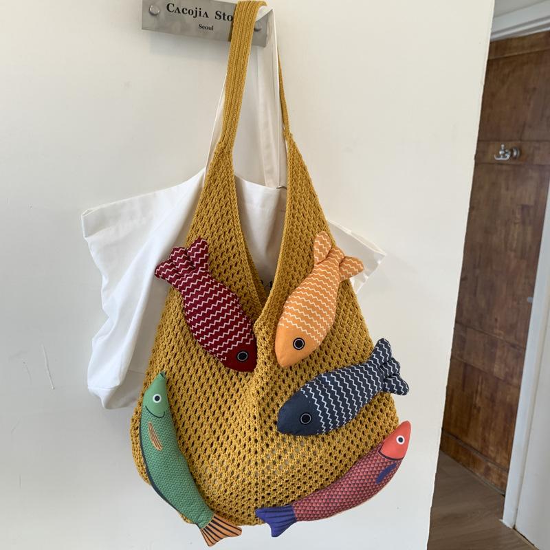 Design Sense Bag Women's Knitted Wool Knitted Splicing Vacation Leisure Portable Shoulder Tote Large Bag