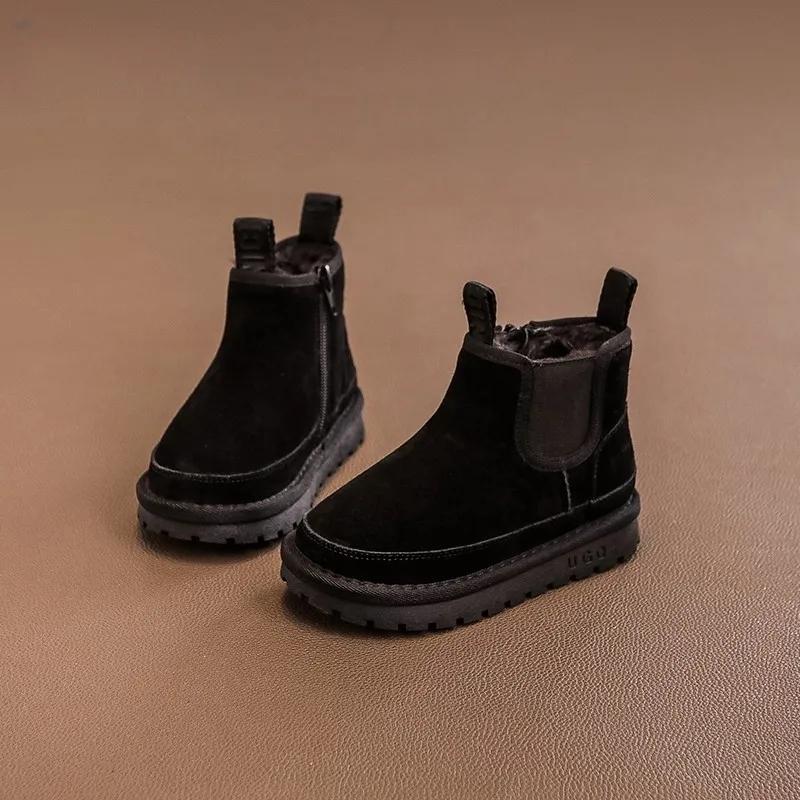Kids Boots Boys Girls Thick Genuine Leather Warm Thicker Fur Children Winter Non-Slip Solid Zip Snow Boots Baby Suede Shoes
