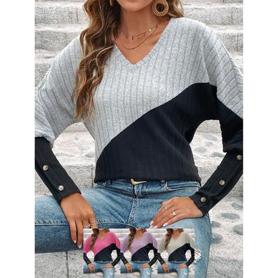 Damen Herbst Winter Kontrastfarben Pullover Mode V-Ausschnitt Langarm Blusen Tops Damen Abnehmen Pullover Tops