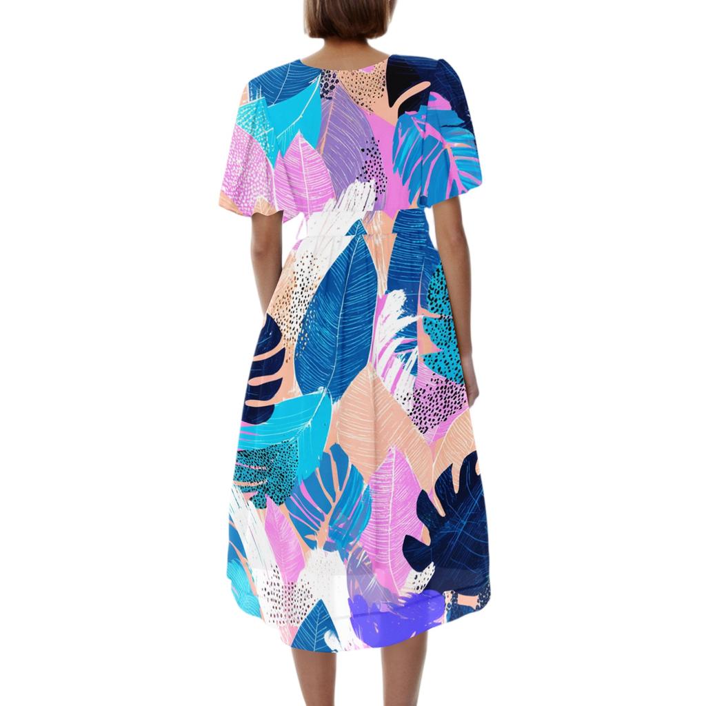 Women's Casual V Neck Short Sleeve Dress Vintage Floral Print Midi Length Lightweight Summer Dress