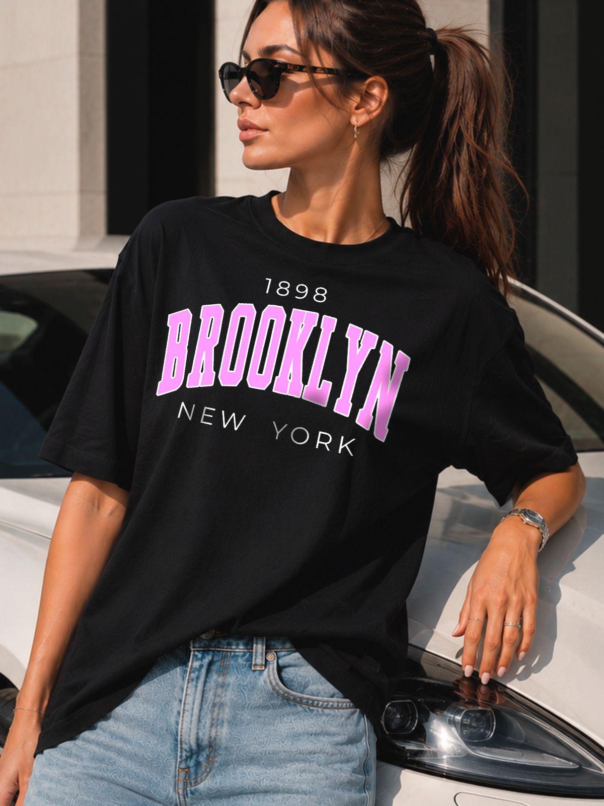 Harajuku Graphic Print T-Shirt 90S Women Vintage T Shirt Y2K Brooklyn Summer Oversized Tees Streetwear Gothic Punk Black Tops S чёрный