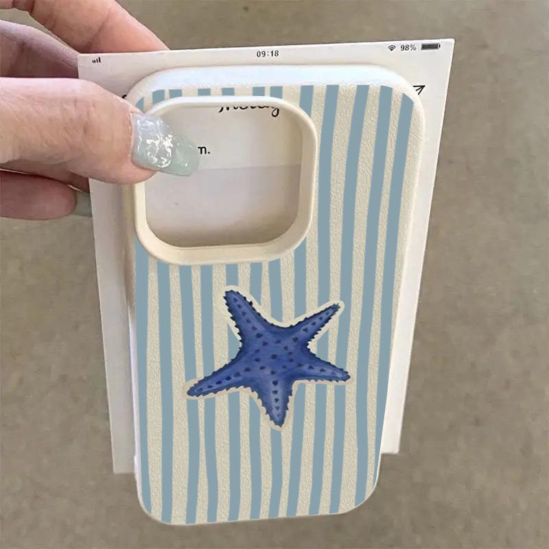 Blue Striped Starfish Pattern Soft Candy Color Phone Case For iPhone 17 16 15 14 13 12 11 Pro Max XR X XS 17Air Shockproof Cover