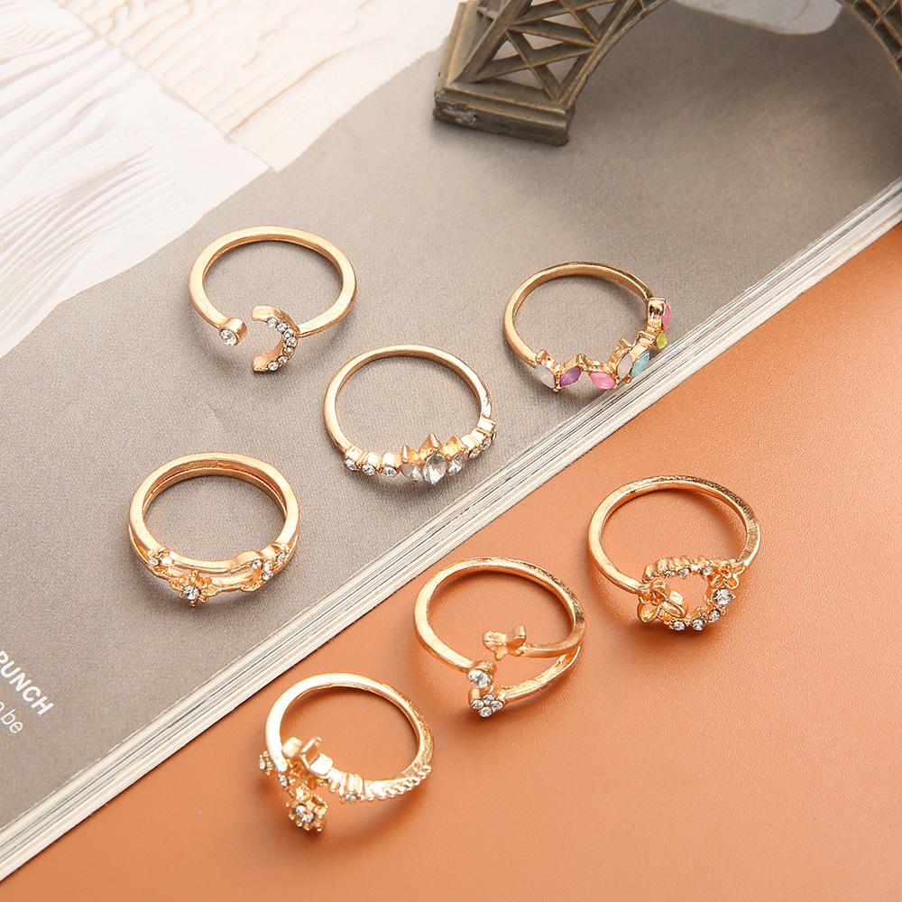 European-American Minimalist Butterfly & Flower Inlaid Diamond Ring Set with Colorful Moon, Star, and Pentagram - 7 Pieces