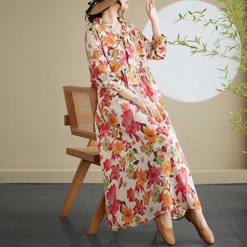 New Printed Loose Lace Long Sleeve Swing Long Dress