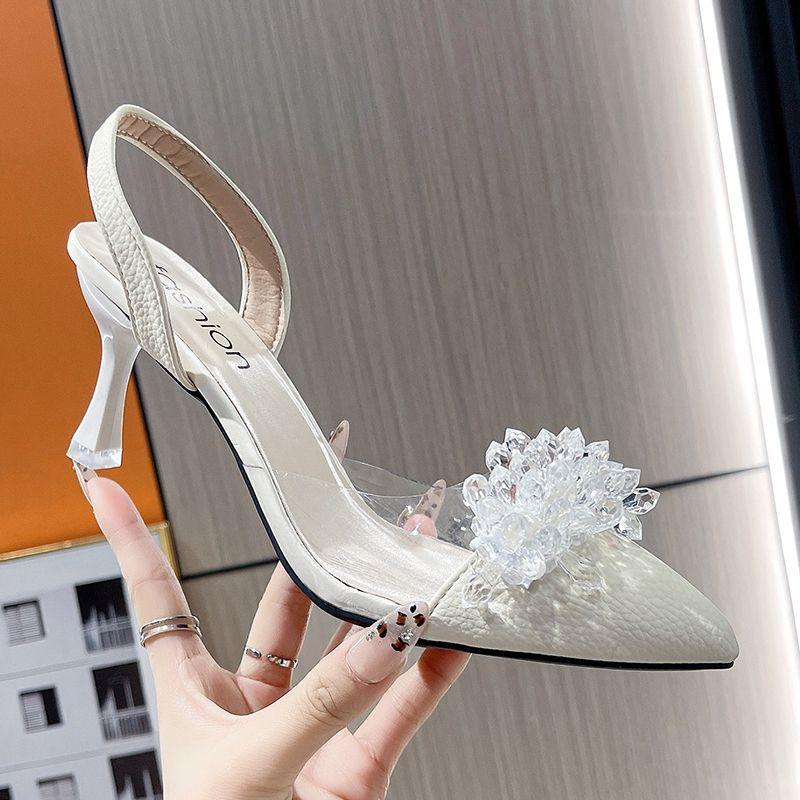 pointed black foreign style rhinestone high heels women's thin heels imperial sister single shoes bag head empty sandals 2025 spring and autumn new