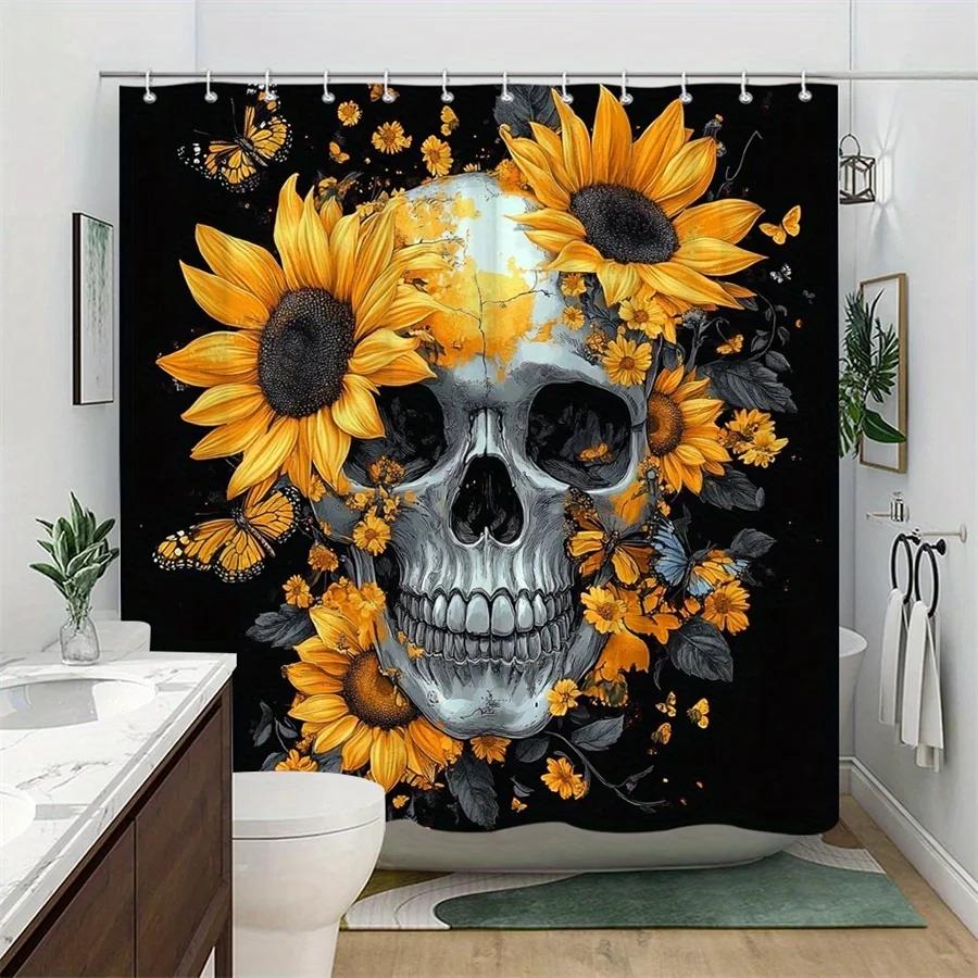 Skull & Butterfly Shower Curtain - Yellow Sunflowers & Black Butterflies On Dark Background, 12 Hooks, Stylish Bath Decor