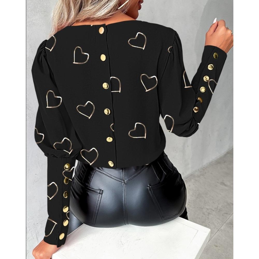 IHUASU Autumn Winter Fashion Printed Long Sleeve Round Neck Button-down Shirt for Women T-shirt