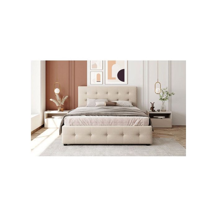 Lit Double - MUVOE - 140 X 200 Cm - Beige - Rembourré Avec Tiroirs - Structure En Métal