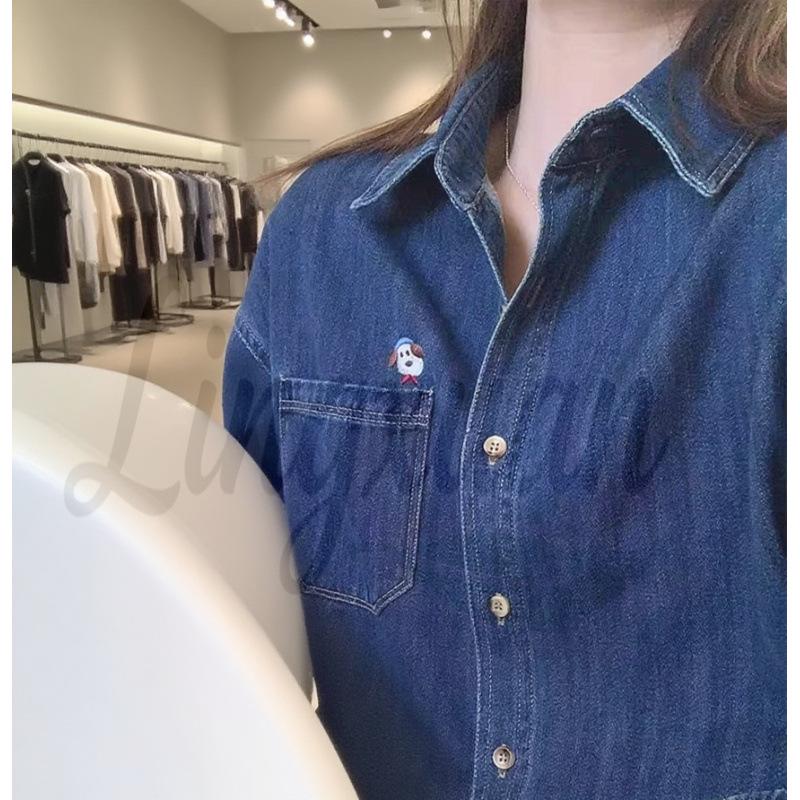 

Новая джинсовая рубашка с вышивкой собаки в корейском стиле - с длинным рукавом, свободного кроя Large темно-синий