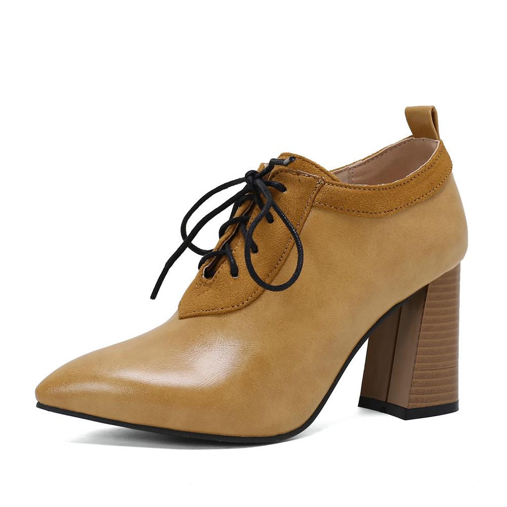 Women Pumps Pointed Toe Lace up Thick Heel Platform Brogue Student Carved Retro Classic Spring Autumn New