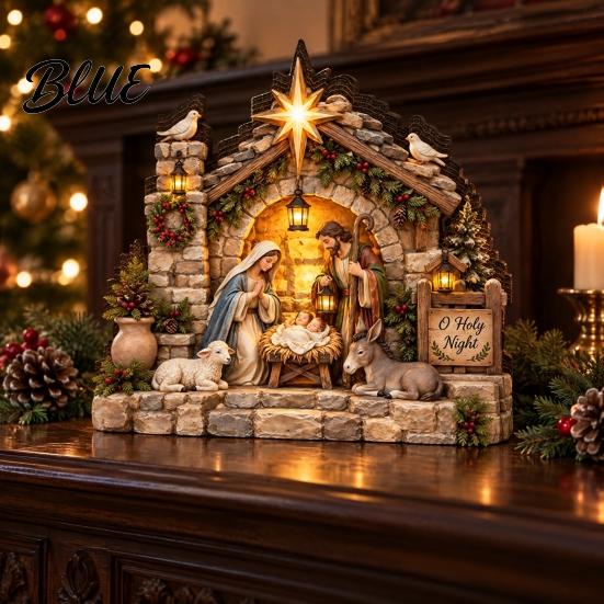 Rustic Farmhouse Christmas Decor Nativity Scene Table Decoration with LED Light 2D Flat Wooden Tabletop Sign Decorations Light Up Tiered Tray