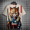 Summer Men's Fashion Casual Print Men's Cat Warrior Guard with Knife Art Print Hooded T-Shirt Round Neck Street T-Shirt Top