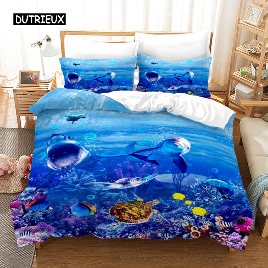 Ocean Duvet Cover Set Polyester Underwater World Clownfish Shark Quilt Cover Sea Animal Theme Double Queen King Size Bedding Set