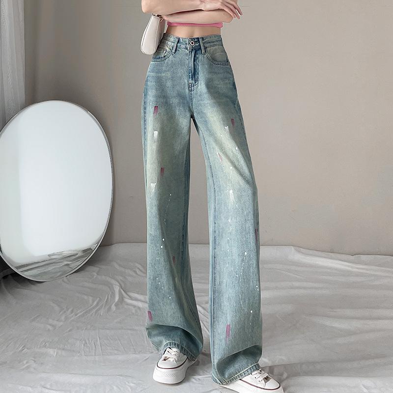 

Дизайн-чувственные джинсы прямого кроя с граффити из чернил для женского весенне-осеннего сезона, новые свободные большого размера, ретро широкие брюки 2XL