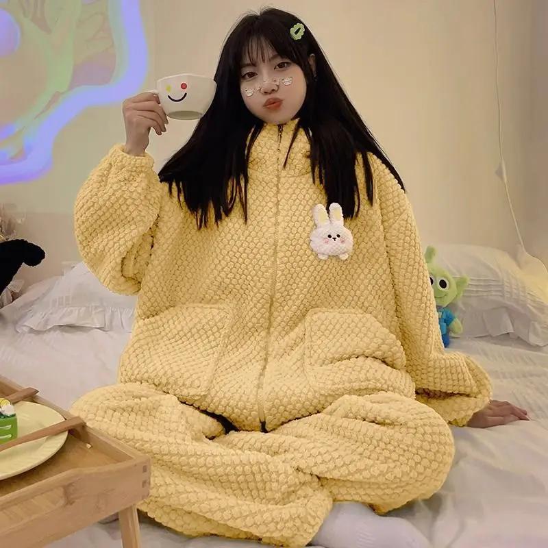 Coral Velvet Pajamas Winter Women Flannel Thickened Fleece Lined Cute Nightclothes Female Hooded Solid Color Zipper Homewear