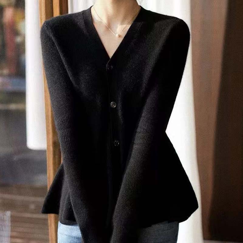 

Кардиган Пальто для Женщин Осень Свободный Длинный Рукав Вязаный Кардиган V-образный вырез Повседневный Однотонный Свитер Куртка M чёрный