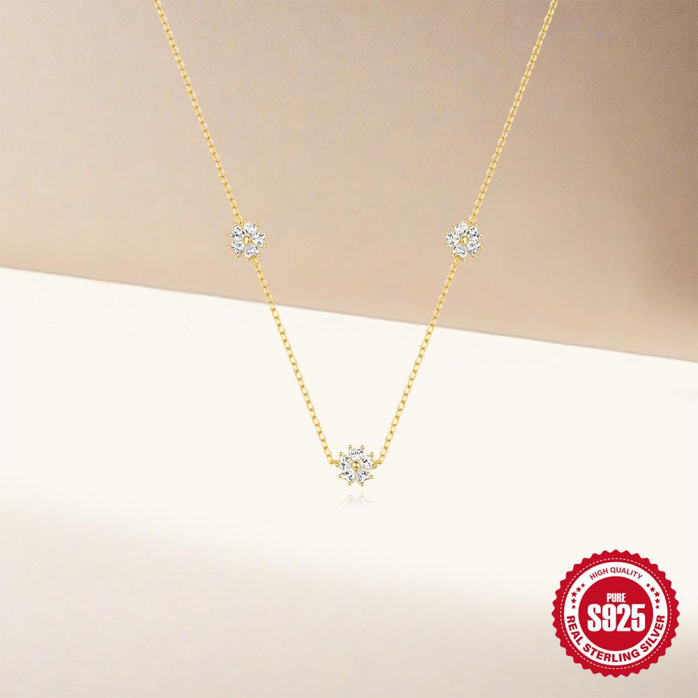 Wind Commuting Simple Wear S925 Sterling Silver Love Zircon Spell Five-Petaled Flower Element Necklace Collarbone Chain