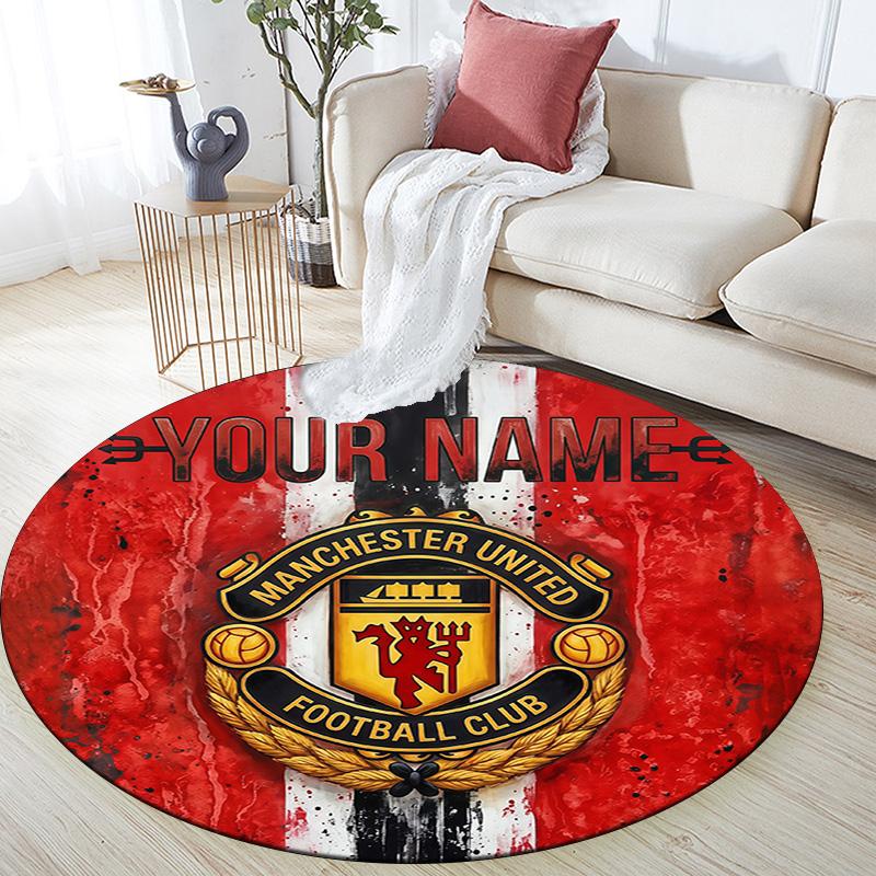 Custom Name Manchester United Round Area Rug,Carpet Rug for Living Room Bedroom Sofa Playroom Decor,Non-slip Floor Mat