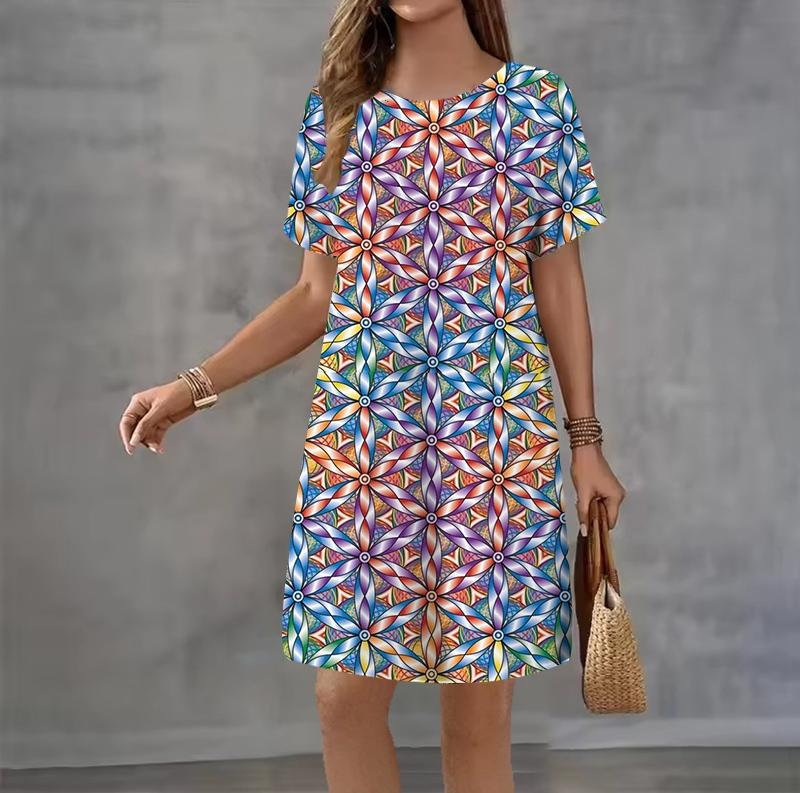 Fashion 3D Print Summer Dress Loose Casual Short Sleeve O-Neck Mini Dress