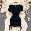 2024 Summer Hot Girl Slimming Square Neck Mini Dress with Drawstring Bodycon and Short Sleeves