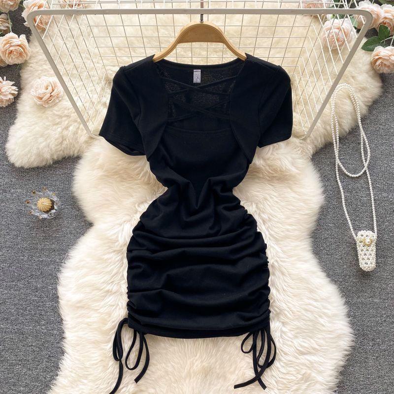 2024 Summer Hot Girl Slimming Square Neck Mini Dress with Drawstring Bodycon and Short Sleeves