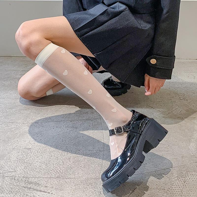 Korean JK School Black White Socks For Women Sexy Girls Heart Print Socks College Style Fishnet Stockings Knee High Stockings