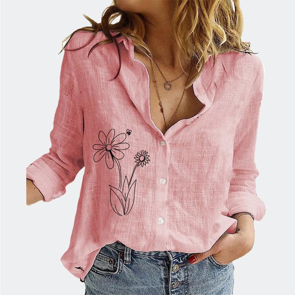 Women Floral Print Long Sleeve T-shirt Fashion Lapel Neck Cotton Linen Top Summer&fall Female Loose Buttoned Blouses
