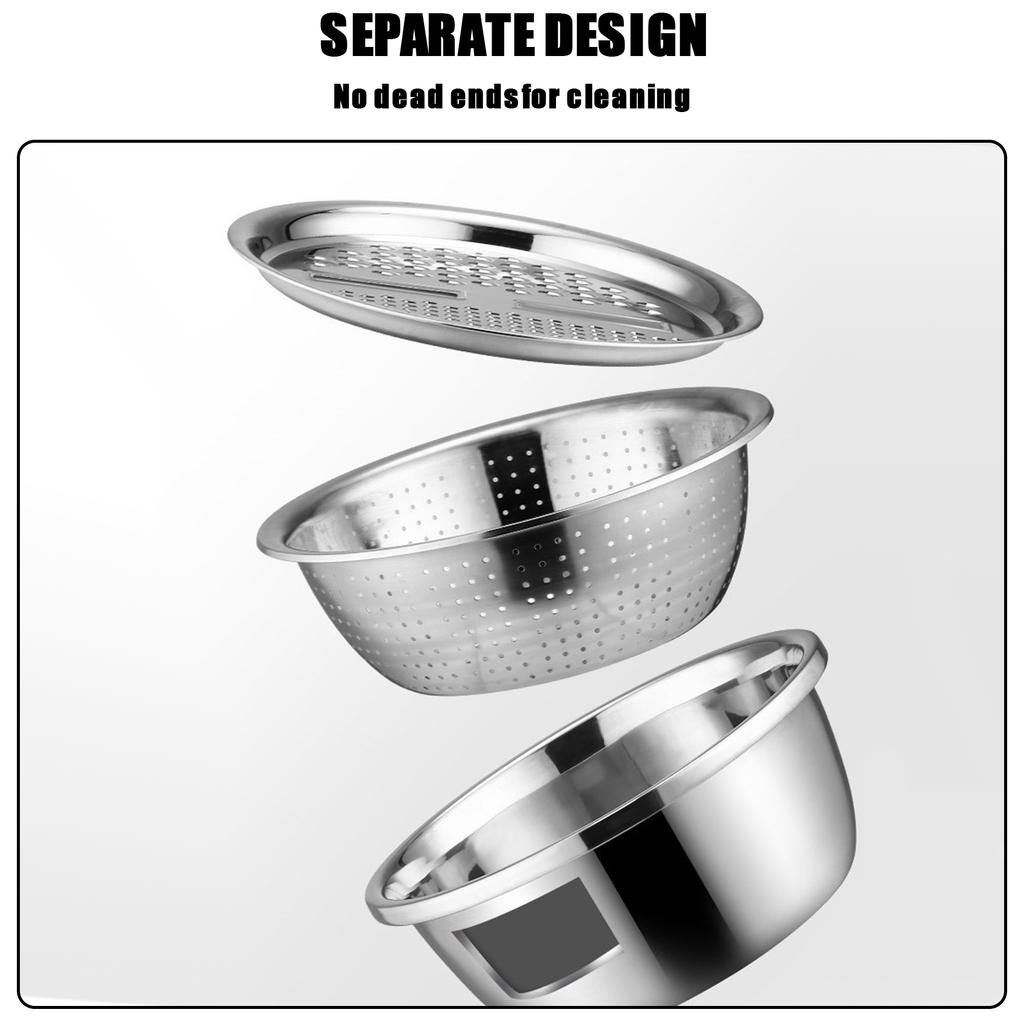 3 in 1 Kitchen Basin Grater, Colander Cutter   with Strainers 10.2 Inch Stainless Steel Mandoline Rice Washing Pasta Mixing Dough Knding Bowls