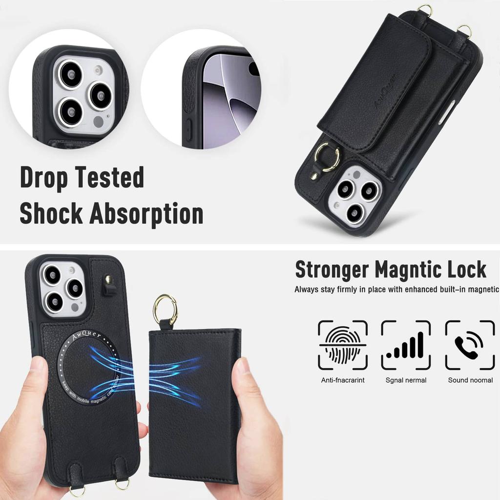 Designed for iPhone 16e/16/15/14/13/12 Pro Max Wallet Case Detachable Wallet Case with Crossbody Strap [Compatible with MagSafe]