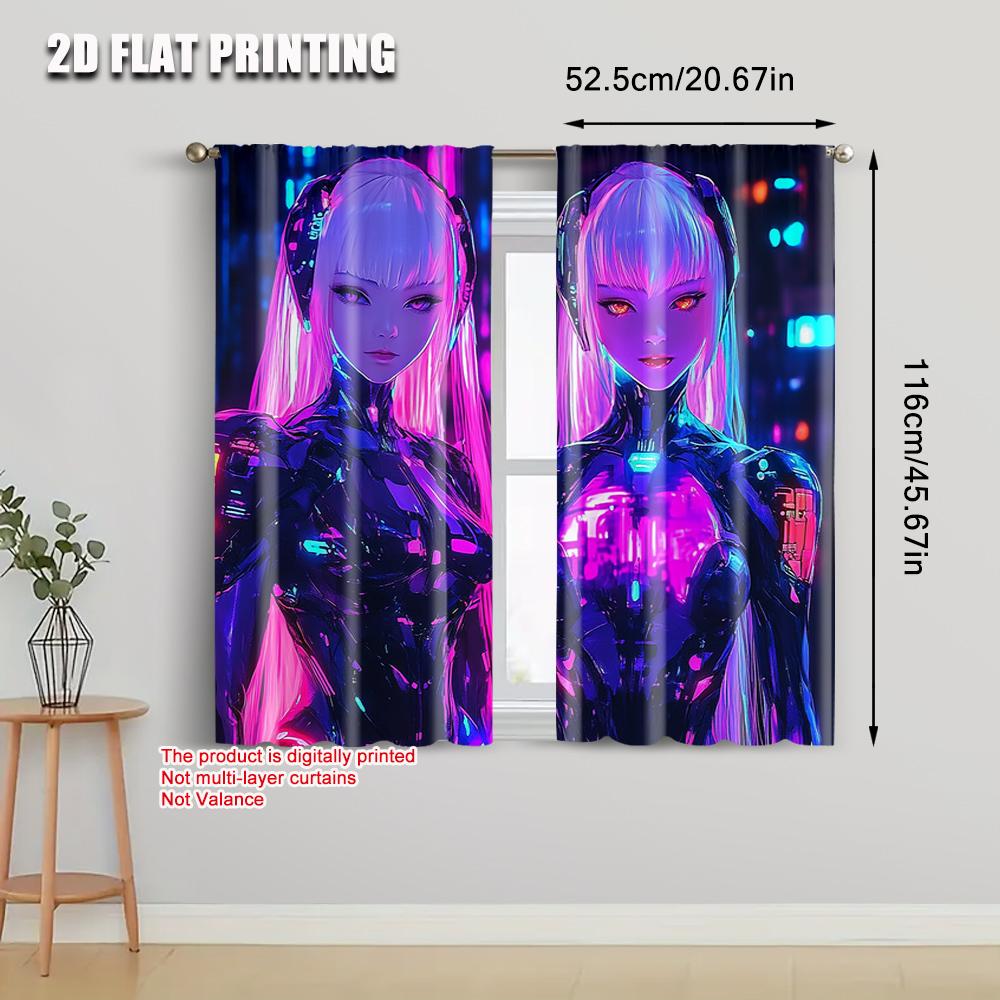 2pcs   Curtain Set 2D plane printing Vibrant Cyberpunk Anime Girl Durable 100% Polyester Fabric (without rod) Holiday Ldeal for