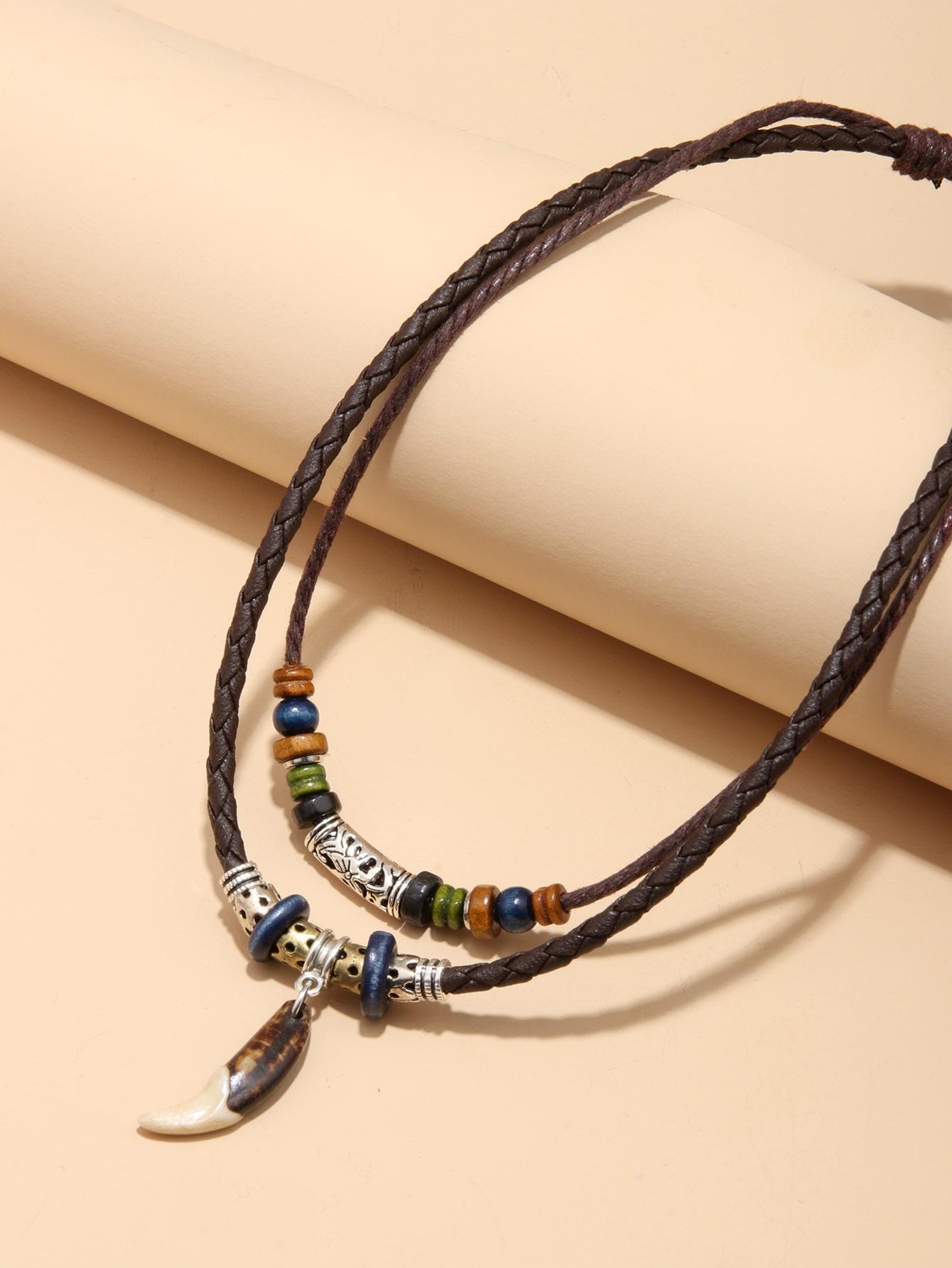 

1 шт. Мужское традиционное многослойное ожерелье из бусин с геометрическим узором и дизайном акульих зубов one-size