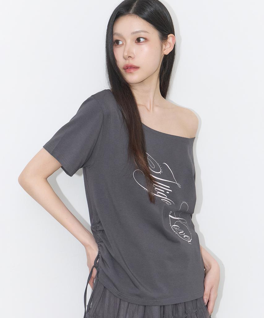 ILLIGO Ribbon String Off-Shoulder T-Shirt Charcoal