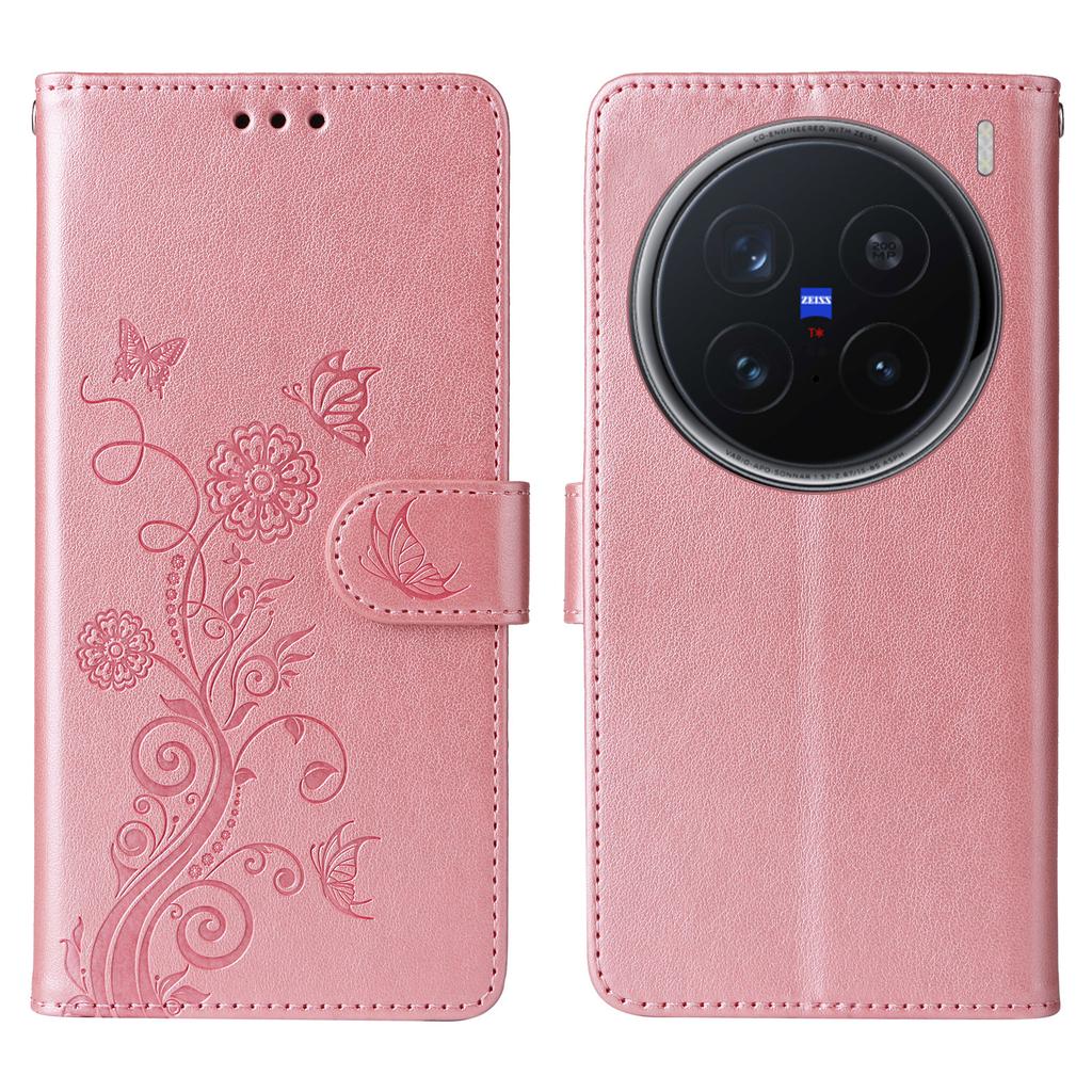 For Vivo X200 Pro 5G Leather Case Butterfly Floral Imprint Wallet Stand Cover