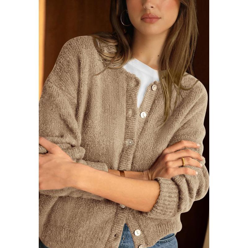 VEZFAA Moda feminina casual outono inverno cor sólida estampa manga comprida gola redonda suéteres