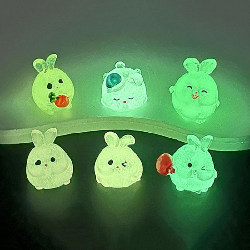 6 Piece Resin Rabbit Figurine Set with Glow Feature Miniatures Rabbit Ornament for Bedroom, Living Room, Study