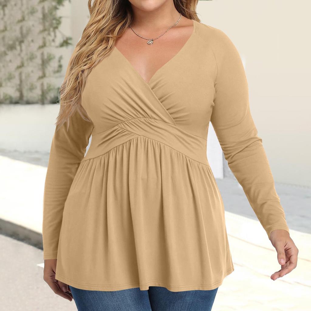 Women's Plus Size Shirt Long Sleeve Solid Color Top Pleated Casual V-Neck Top