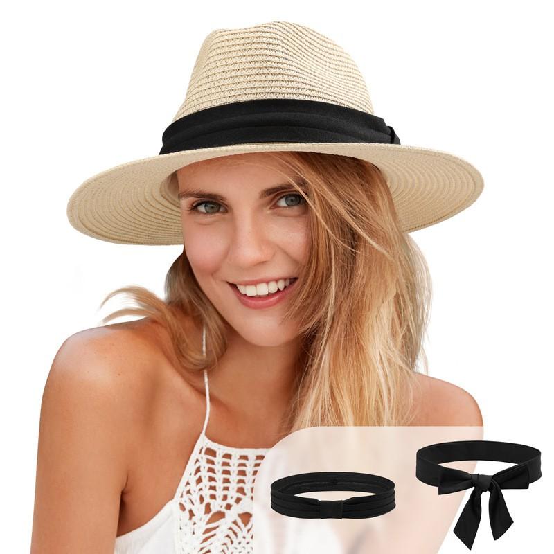 Womens Wide Brim Paper Straw Hat Beach Vacation Sun Protection Foldable Panama Style
