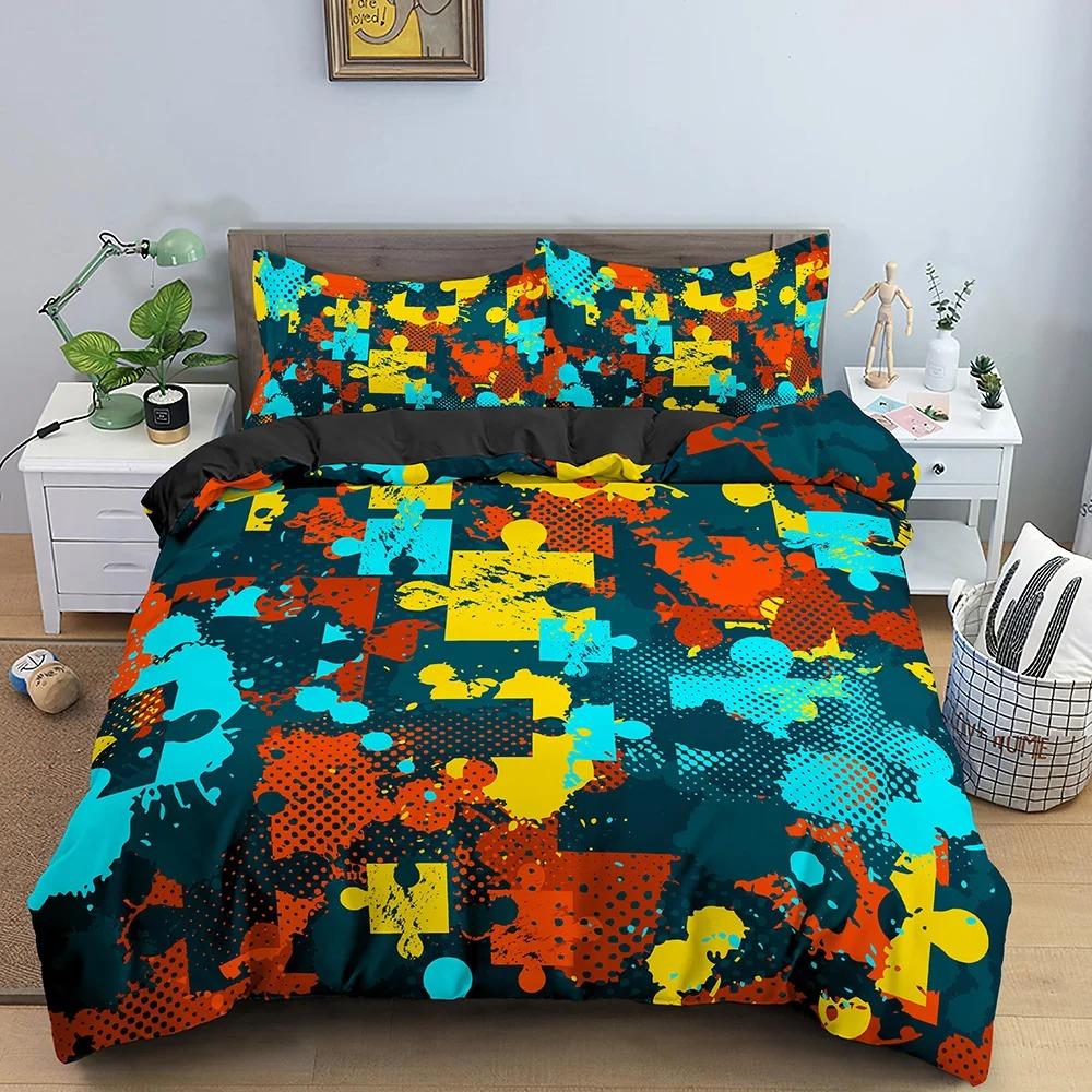 3D Print Colorful Puzzle Duvet Cover King Queen Geometric Figure Quilt Cover Simple Polyester Bedding Set for Kids Boys Girls
