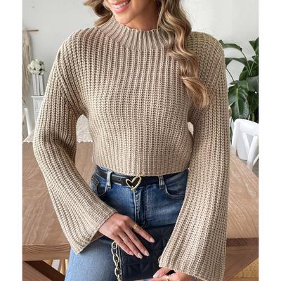Women's Short Crop Top Woven Sweater Autumn And Winter Bell Sleeve Half Turtleneck Pullover Sweater