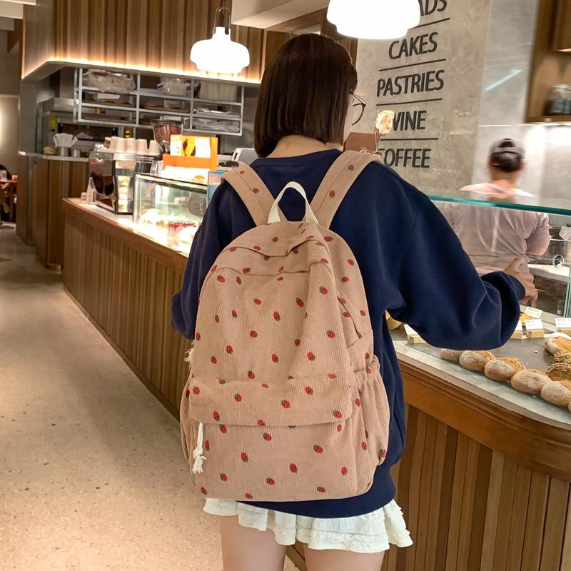 Cord-Rucksack mit Erdbeer-Print im College-Stil für Schüler, Schultasche mit großem Fassungsvermögen