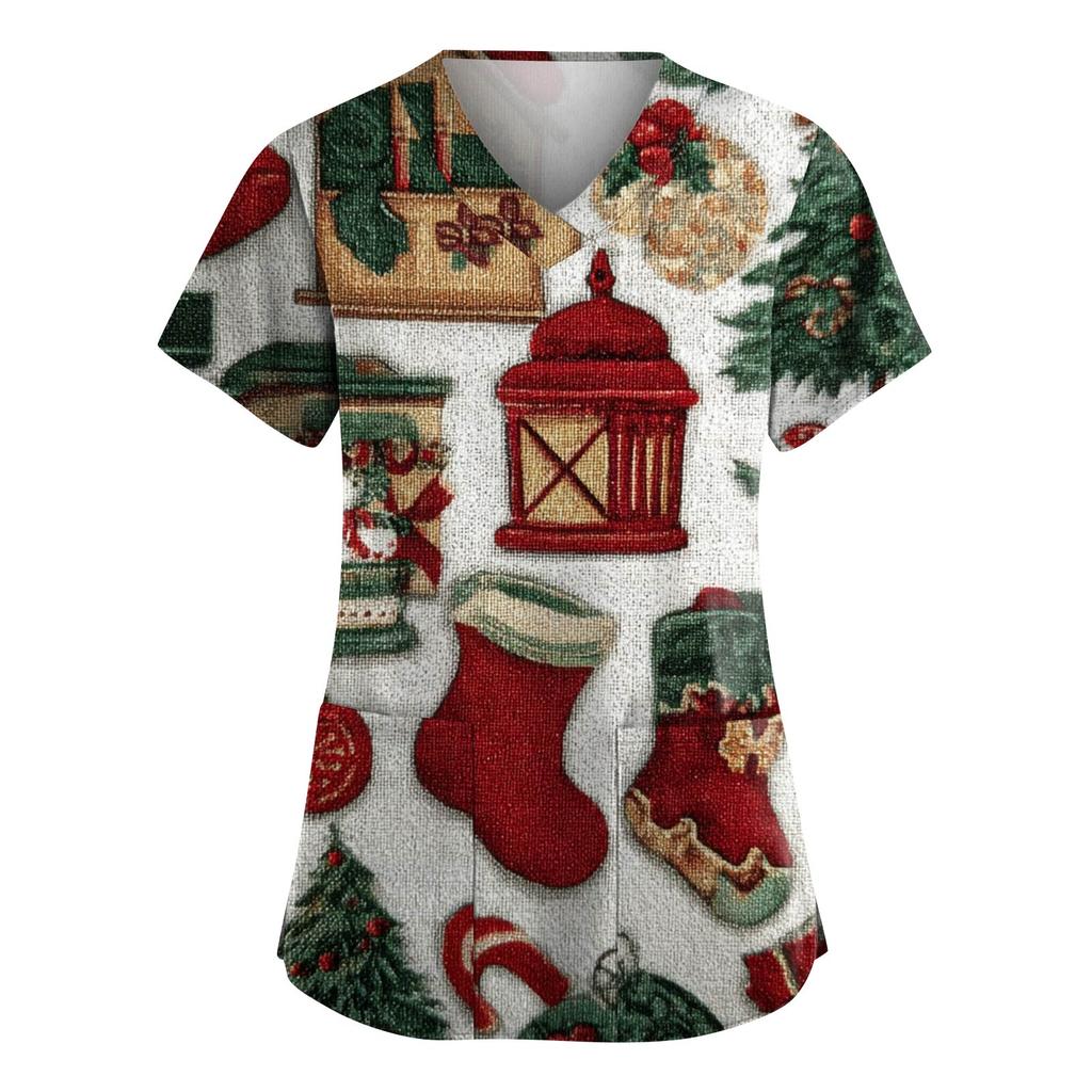 Women's Fashion V-Neck Short-Sleeved Workwear With Pockets Christmas Print Top Caregiver Uniform