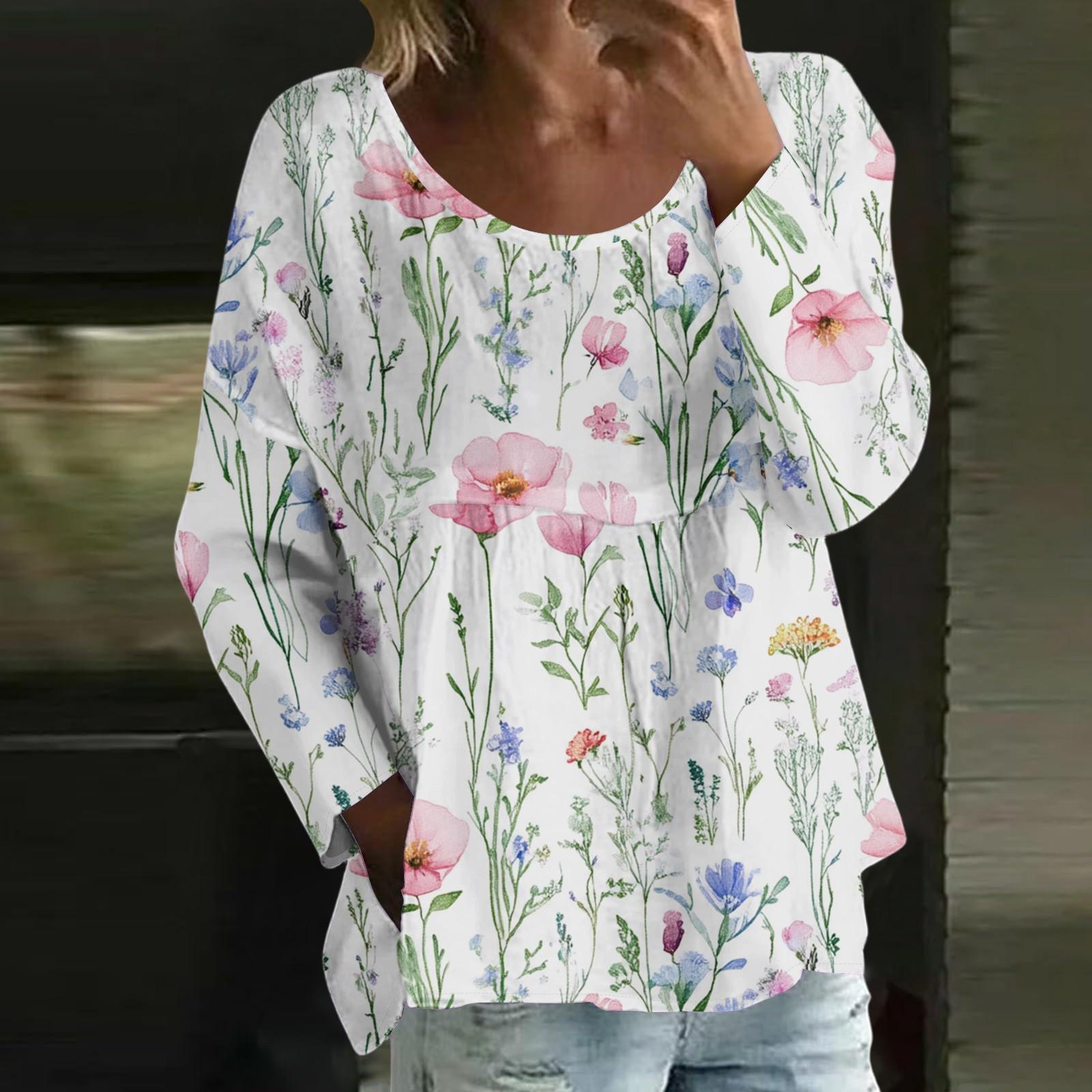 

Women s Casual Fashion Loose Round Neck Floral Print Long Sleeve Top L бежевий