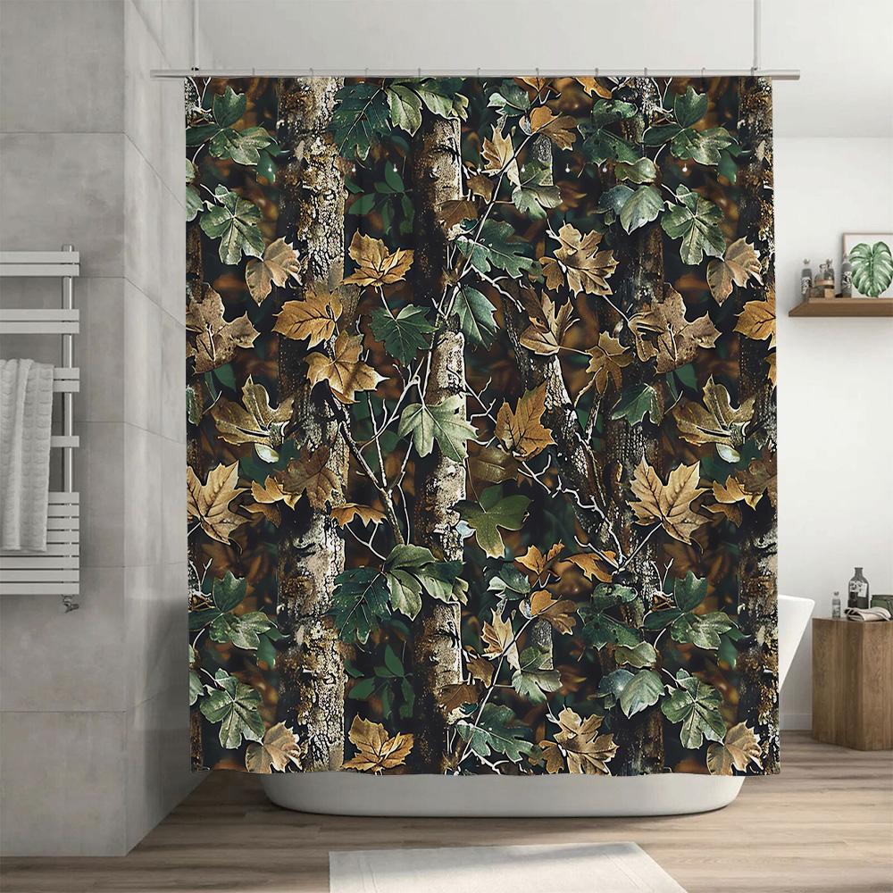 Camouflage Leaf Shower Curtain Dark Green Forest Print for Bathroom Decor Waterproof Fabric Shower Caddy with Rings