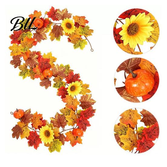 Artificial Maple Leaf Garland Fall Wreath, Autumn Vine with Pine Cones Pumpkins, Reusable Decorations for Home Hanging Decor Thanksgiving Harvest