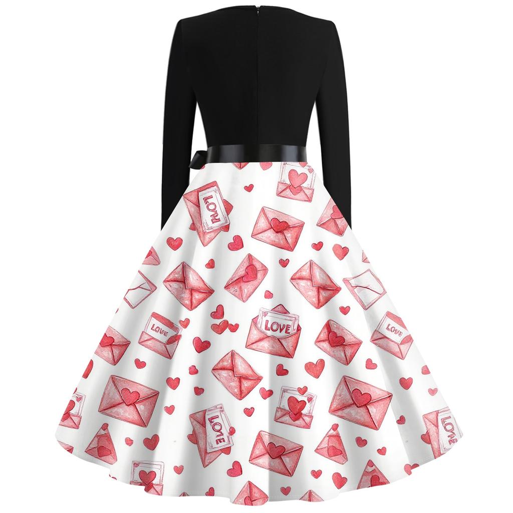 Print Flare Dress For Women Long Sleeve Dress Hollow Party Casual Dresses