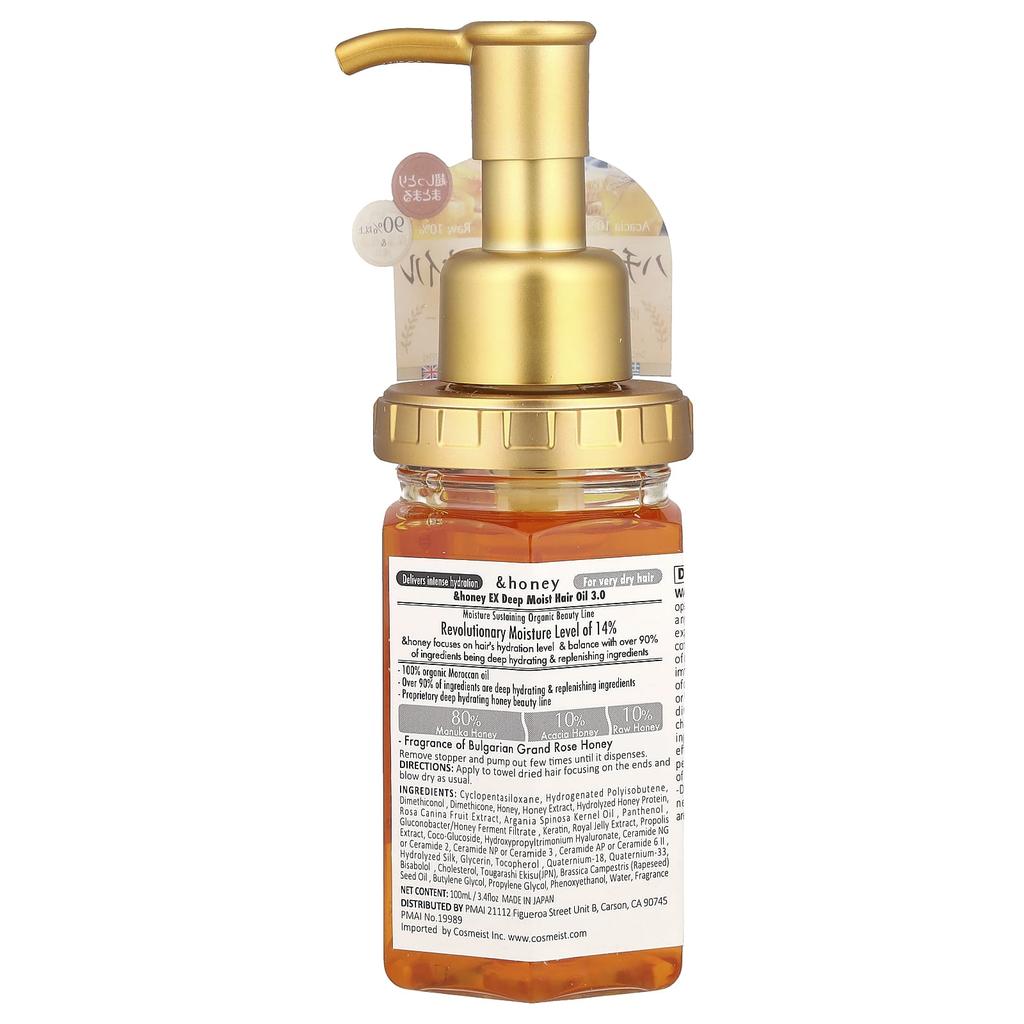 &Honey, Ex Deep Moist Olejek do włosów, Miód z bułgarskiej róży wielkokwiatowej, 100ml(3.4 uncji płynu)