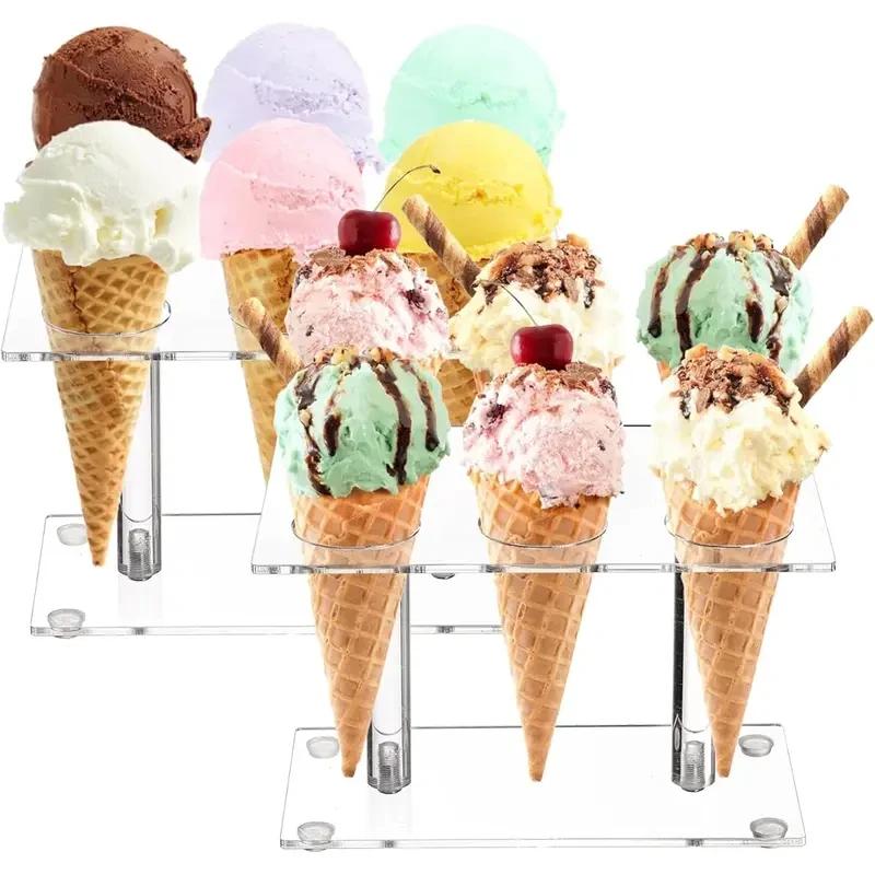6-Hole Ice Cream Cone Holder Clear Acrylic Waffle Cone Display Stand for Sushi Popcorn - Party Wedding Kids Birthday Roll Stand