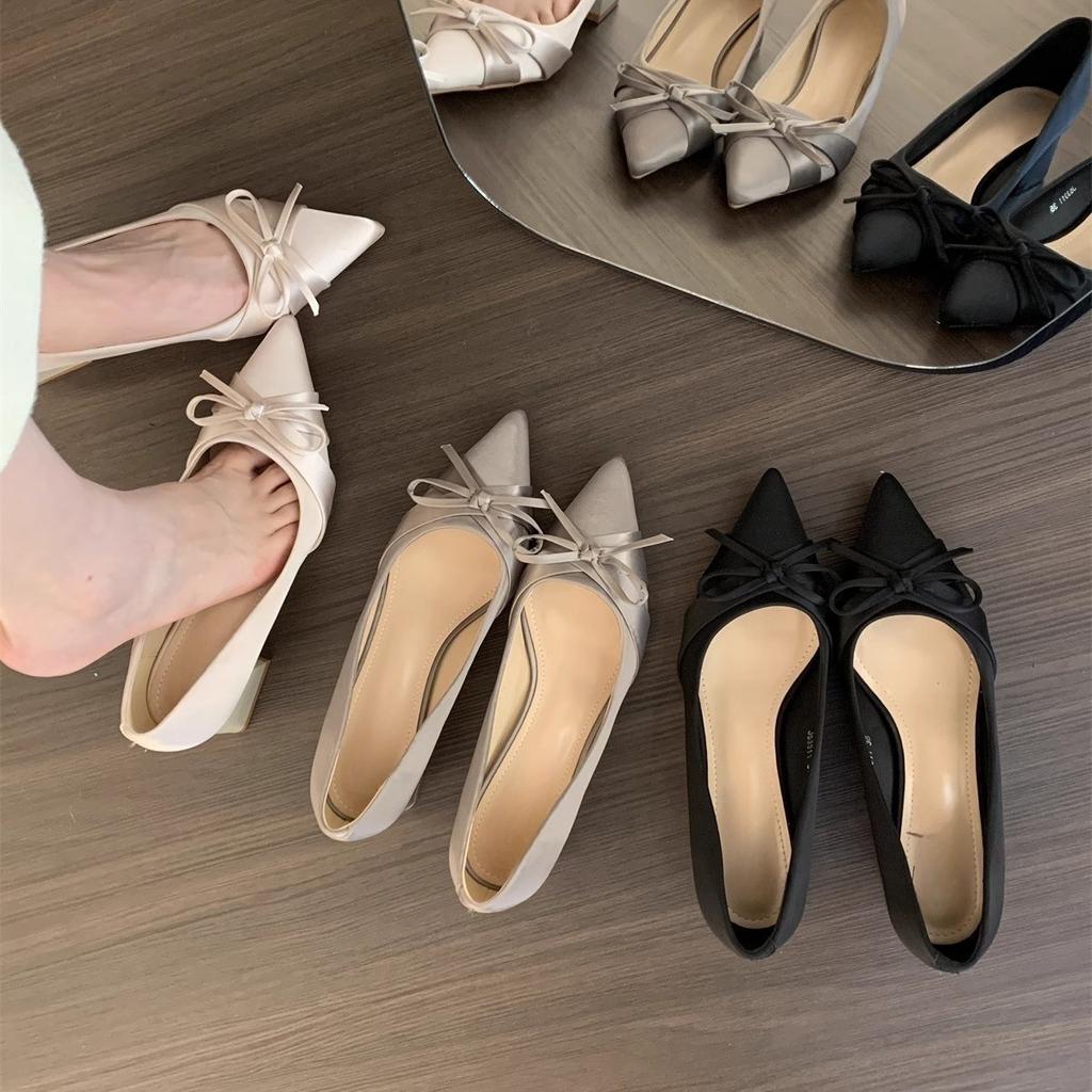 Temperament Satin spitze Einzelne Schuhe Damen Frühling und Herbst Süße Schleife Leichter Mund Pendlerschuhe Hohe Absätze