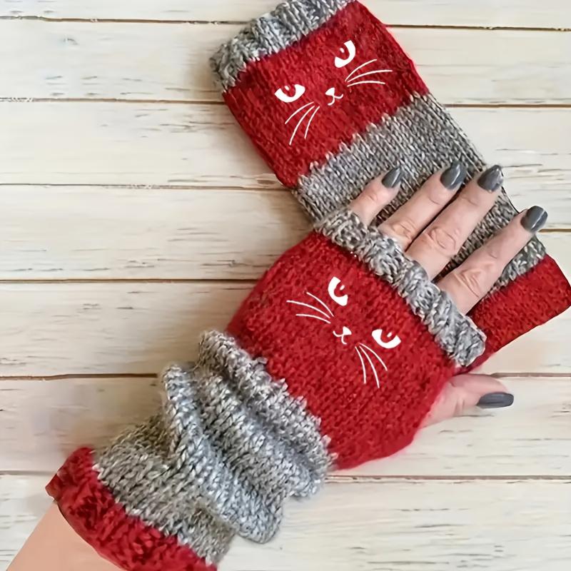 1 Paar Herbst-Winter Neue Katzenstickerei Farbkontrast Retro Warme Mode Offenfingerhandschuhe Verdickte Damen-Freizeithandschuhe